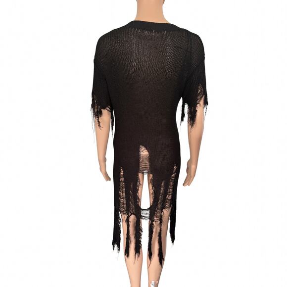 Black Distressed Shredded Knit Top Grunge Punk Sheer Mesh Ripped Tee Dress S - Picture 3 of 4
